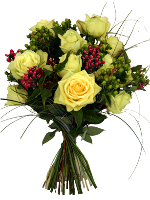 Lemon, Lime & Raspberry - Yellow Roses Bouquet - This flower bouquet is almost like a fruit basket made of flowers. Lemon yellow colored roses along with lime green and raspberry colored hypericum berries form a beautiful and stylish color combination. One of our most popular bouquets.

You can't eat these flowers, but the aroma of fresh roses will have your senses soaring! 

Order this hand-tied bouquet by 1:00 EST for FedEx next day delivery Tuesday-Saturday. Elegant vases and other special items are available during checkout. Send a fresh bouquet of roses today. Overnight delivery Tuesday - Friday is $10.99, Saturday is $19.99. 

Satisfaction with your flowers is guaranteed. All of our flower bouquets are shipped farm fresh. Your flowers come hand-tied, budding, and ready to make someone smile.<br><br>Code:10008-4298-10008-0000082857
